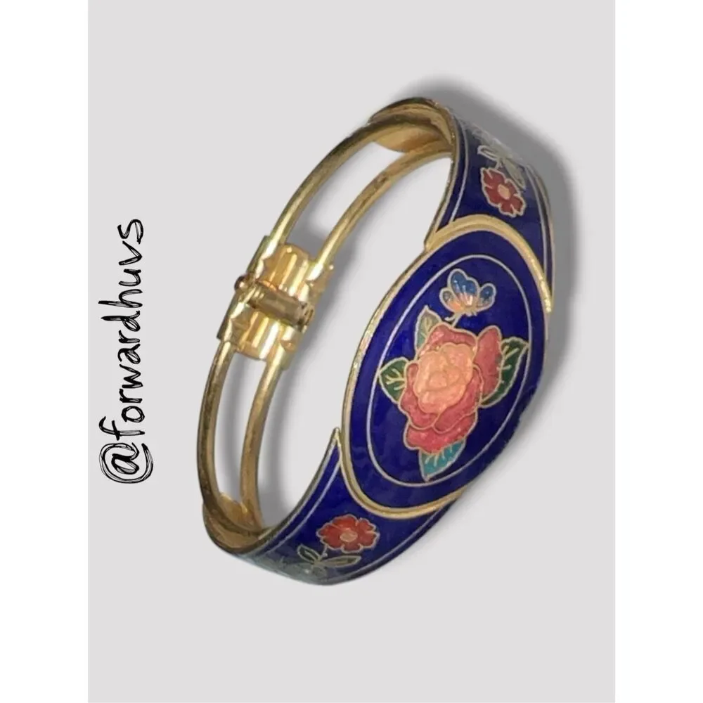 Vintage Cloisonné Clamper Flower & Butterfly Enamel Bracelet